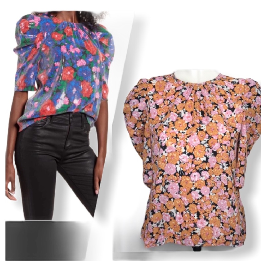 Wayf Orange Floral Patterned Print Puffed Sleeve Top Size L